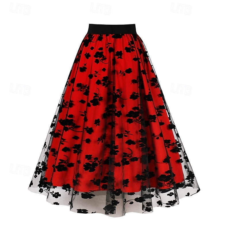 Women's Skirt Swing Fashion Casual Maxi Mid Rise Skirts Floral Sparkle Tulle Micro-elastic Vacation Halloween Red Orange Khaki Spring Polyester3