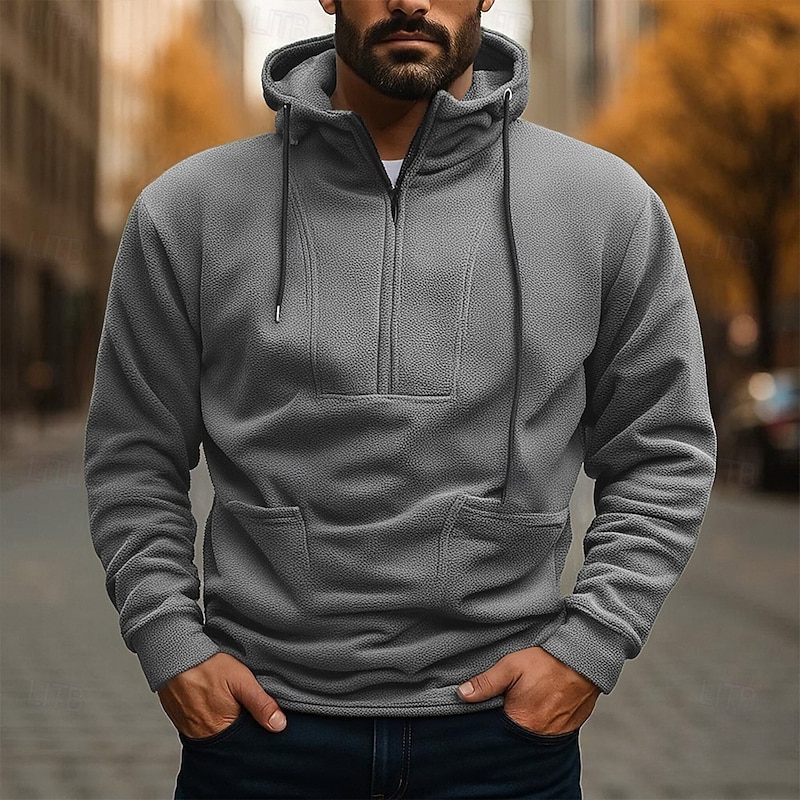 Men's Hoodie Polar Fleece Quarter Zip Hoodie Black Army Green Gray Hooded Plain Drawstring Quarter Zip Sports & Outdoor Daily Holiday Polyester Streetwear Basic Casual Fall Winter Clothing Apparel4