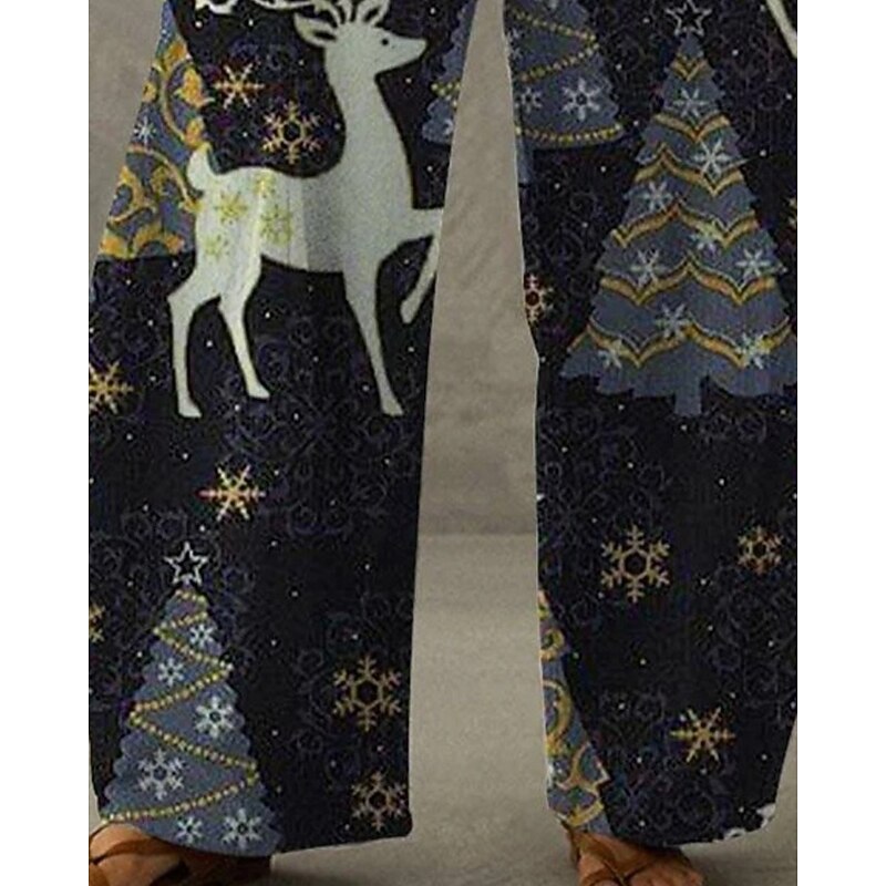 Women's Wide Leg Pants Trousers Vacation Ethnic Style Basic Full Length High WaistPantsChristmas Graphic Reindeer Pocket Elastic Waistband Print Comfy Breathability Inelastic Vacation Casual Daily3