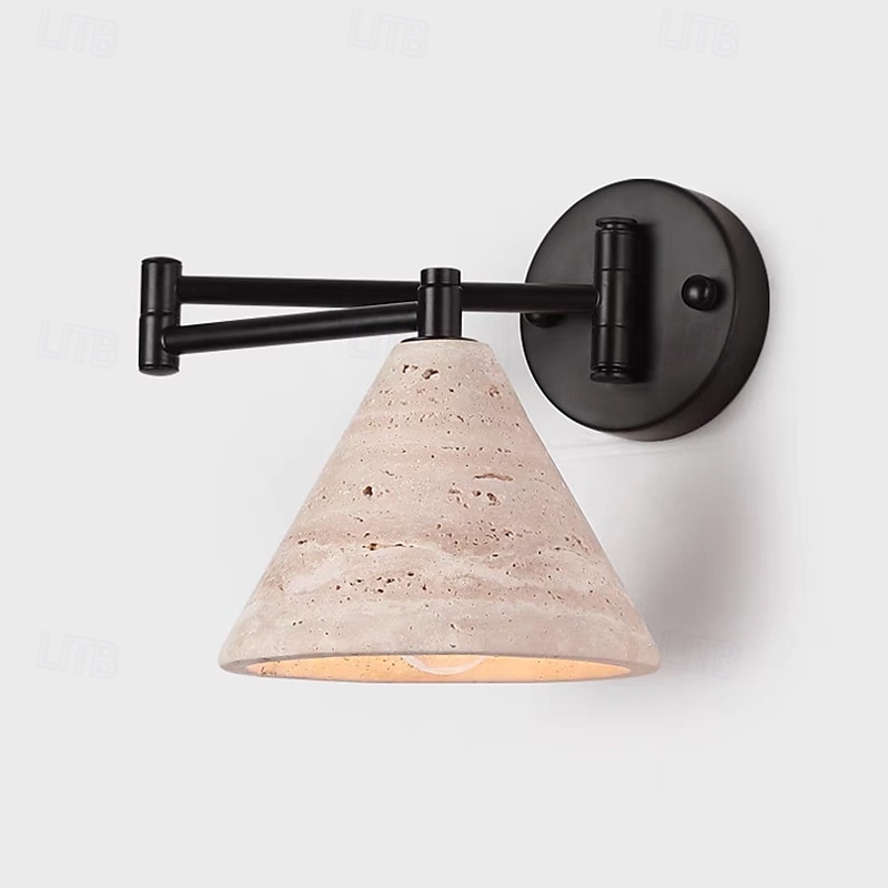 Black Swing Arm Wall Lamp, Vintage Yellow Travertine Light Fixtures, Natural Stone Lampshade Sconce, for Study/Living Room/Bedroom Lighting4