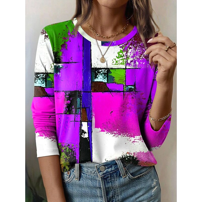 Women's T Shirt Graphic Geometric Vintage Fashion Stylish Long Sleeve Crew Neck Round Neck Regular Tops Daily Weekend Print Blue Purple Orange Summer Spring Fall2