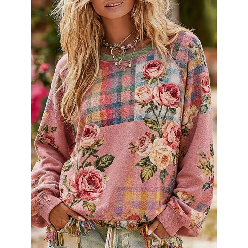Women's Pullover Sweatshirts Floral Fashion Streetwear Classic Long Sleeve Crew Neck Round Neck Regular Tops Dailywear Casual Print Pink Green Spring Fall3