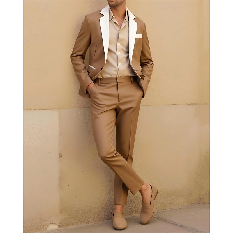 Men's Blazer Suits Business Cocktail Party Wedding Party 2 Piece Fashion Casual Spring &  Fall Polyester Color Block Plain Pocket Buttons Comfortable Single Breasted Blazer Apricot