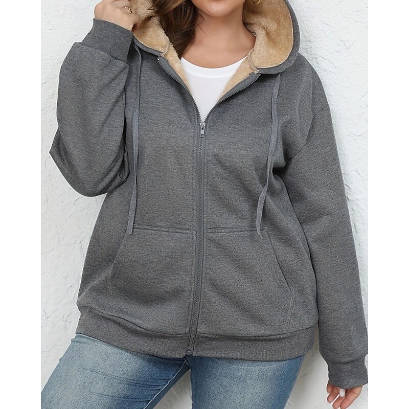 Women's Zip Up Hoodies Plain Casual Long Sleeve Hooded Regular Tops Street Going out Zipper Pocket Black Wine Navy Blue Light Grey Dark Gray Fall Winter2