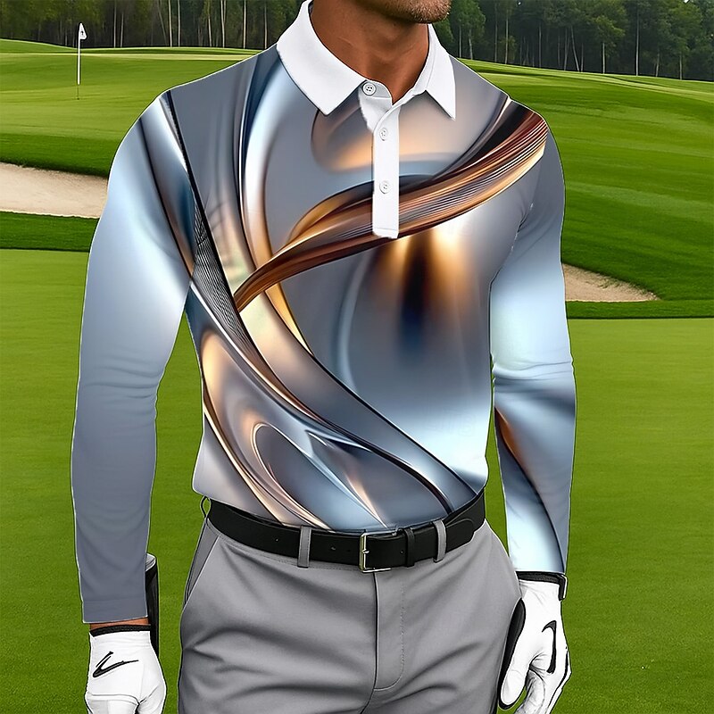 Men's Geometic Golf Polo Long Sleeve Polo Shirts Lapel Casual Outdoor Athleisure Daily Wear 3D Print Buttons Spring Fall Winter Blue Green2