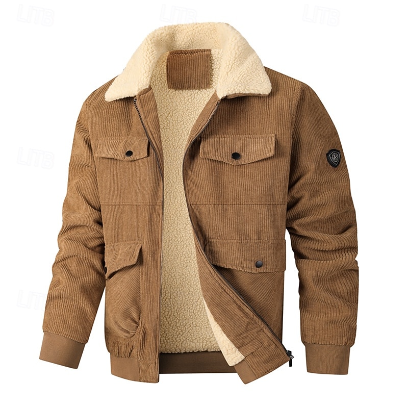 Men's Corduroy Jacket Fleece Jacket Formal Home Thermal Warm Pocket Fleece Collar Fall Winter Solid Color Active Neutral Regular Black Brown Gray Jacket
