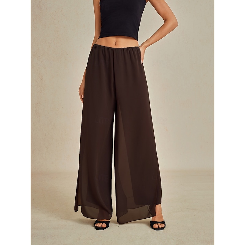 Women's Culottes Wide Leg Straight-Leg Trousers Elegant Stylish Classic Style Full Length Medium Waist Solid Color Elastic Waist Stretchy Wedding Vacation Party Brown Spring, Fall, Winter, Summer