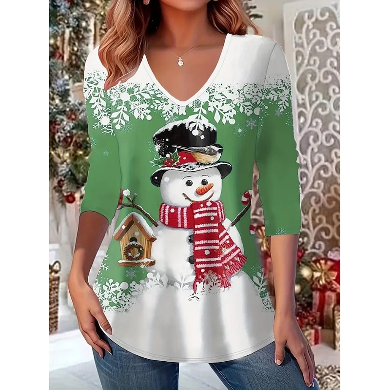 Christmas Women's T Shirt Graphic Snowman Letter Vintage Stylish Classic Long Sleeve V Neck Regular Tops Daily Print Red Blue Purple Green Spring Fall Winter2
