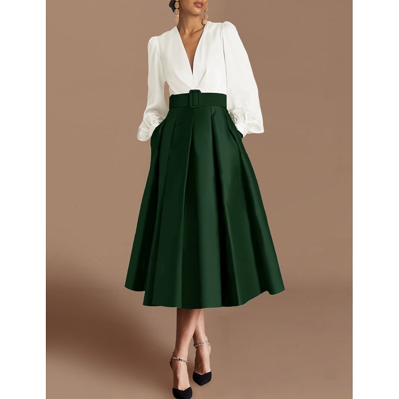 Beach Wedding A-Line Cocktail Dresses Elegant Dress Formal Wedding Guest Tea Length Long Sleeve V Neck Satin with Ruched Dresses