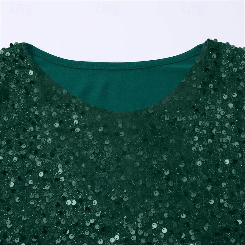 Women's T Shirt Tee Top Solid Color Fashion Stylish Classic Long Sleeve Crew Neck Regular Tops Daily Weekend Sequins Patchwork Green Spring Fall4