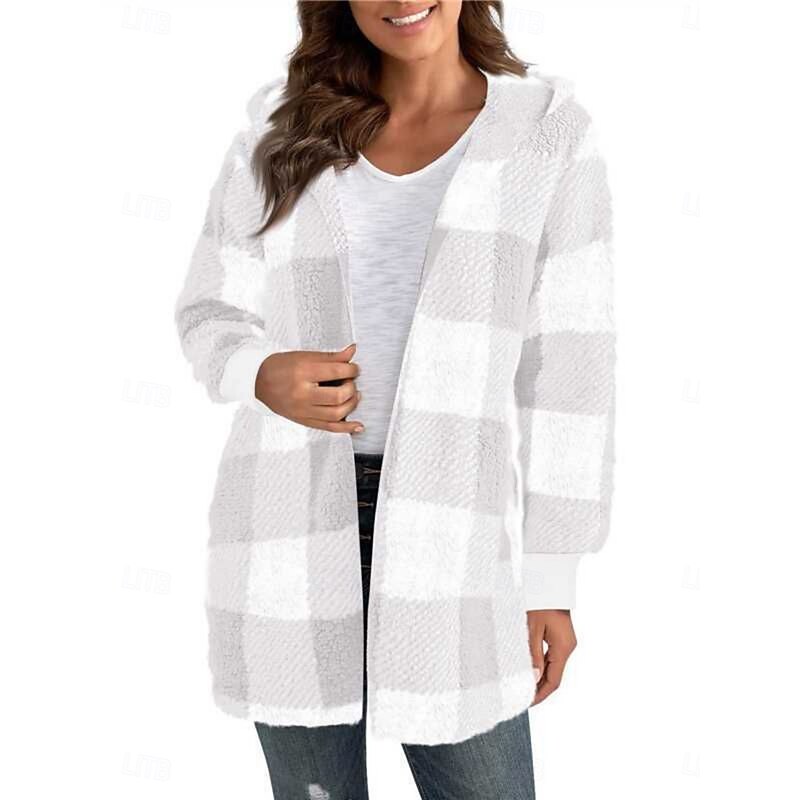Women's Winter Coat Teddy Coat Comfortable Breathable Print Open Front Casual Plaid Vacation Street Casual Daily Wear Open Front Long Notch Lapel Regular Fit Long Sleeve Outerwear Black Fuchsia Khaki2