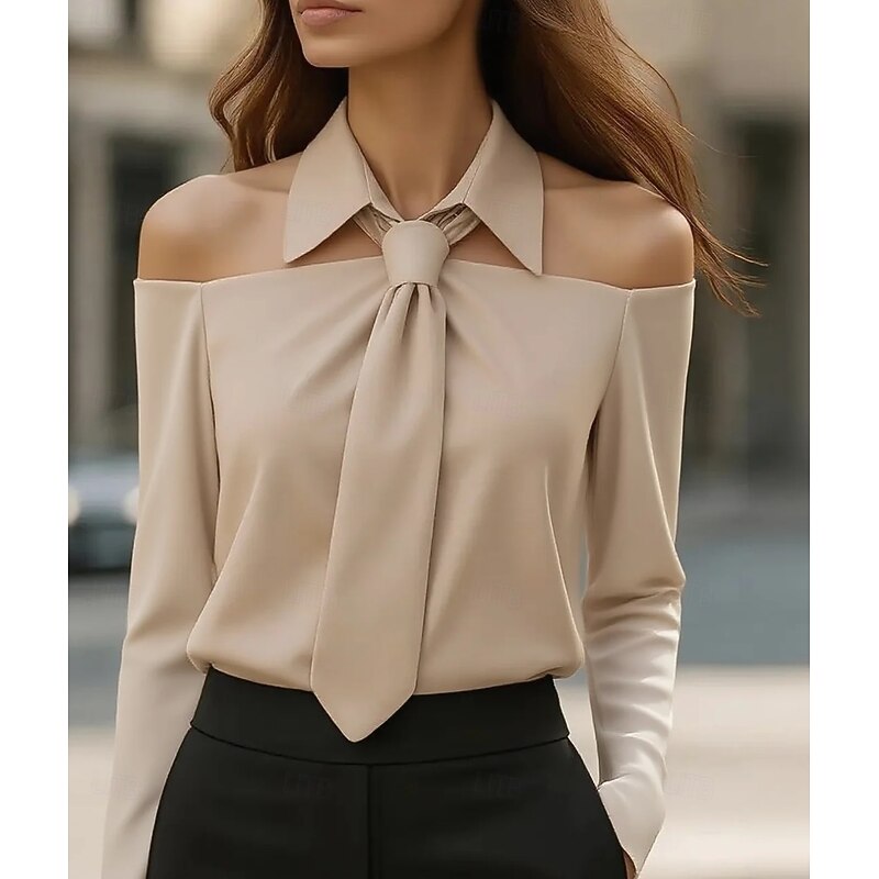 Women's Elegant Dressy Satin Blouse Plain Elegant Stylish Long Sleeve V Neck Regular Tops Black White Khaki Fall