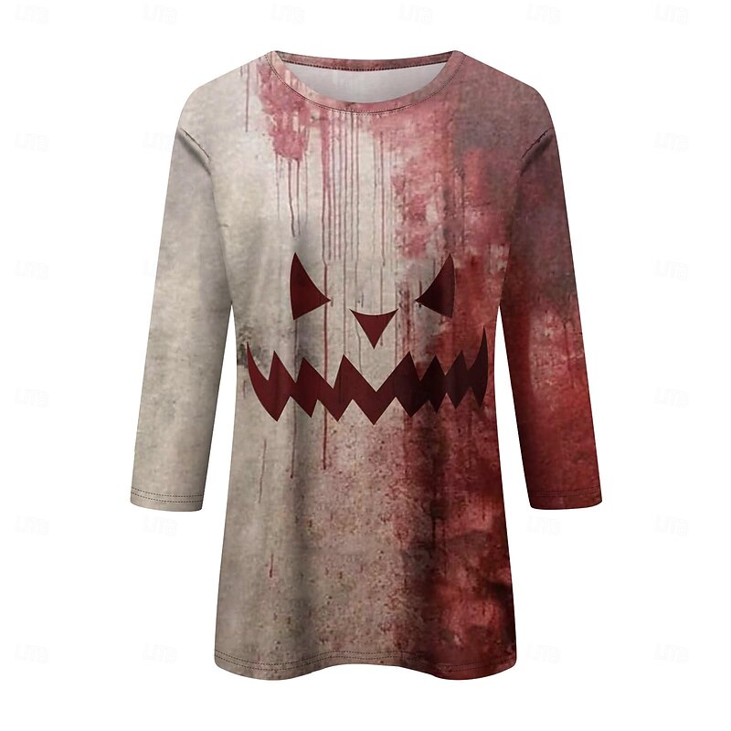 Halloween Women's T Shirt Graphic Pumpkin Vintage Fashion Stylish Long Sleeve Crew Neck Regular Tops Daily Weekend Print Red Beige Spring Fall Winter3