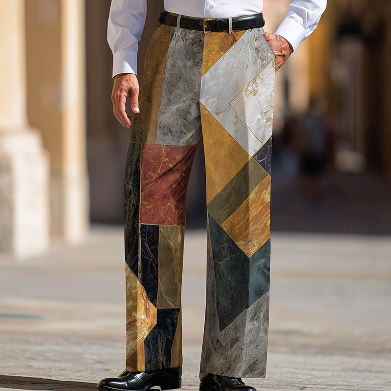 Men's Geometric Color Block Patchwork Trousers Dress Pants Suit Pants Mid Waist Business Casual Party Dailywear Holiday Relaxed Fit Flat Front Dress Pants with Side Pockets Spring Fall 3D Print Blue3