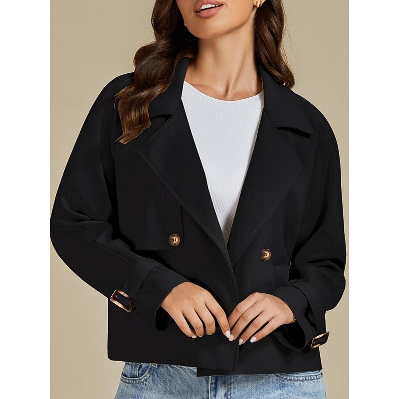 Women's Casual Jacket Comfortable Breathable Pocket Buttons Casual Plain Vacation Street Casual Daily Wear Single Breasted Short Turndown Regular Fit Long Sleeve Outerwear Black Spring Fall3