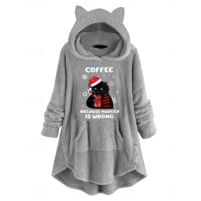 Women's Pullover Hoodie Sweatshirt Cat Casual Long Sleeve Hooded Long Tops Street Dailywear Casual Pocket Print Pink Wine Gray Fall Winter3