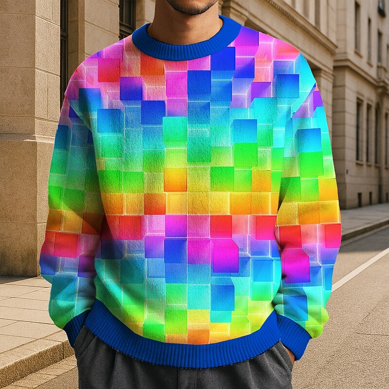 Men's Geometric Color Block Pullover Sweater Jumper Knitwear Crewneck Casual Vacation Daily 3D Print Knitting Keep Warm Long Sleeve Spring Fall Winter Rainbow Multi Color2