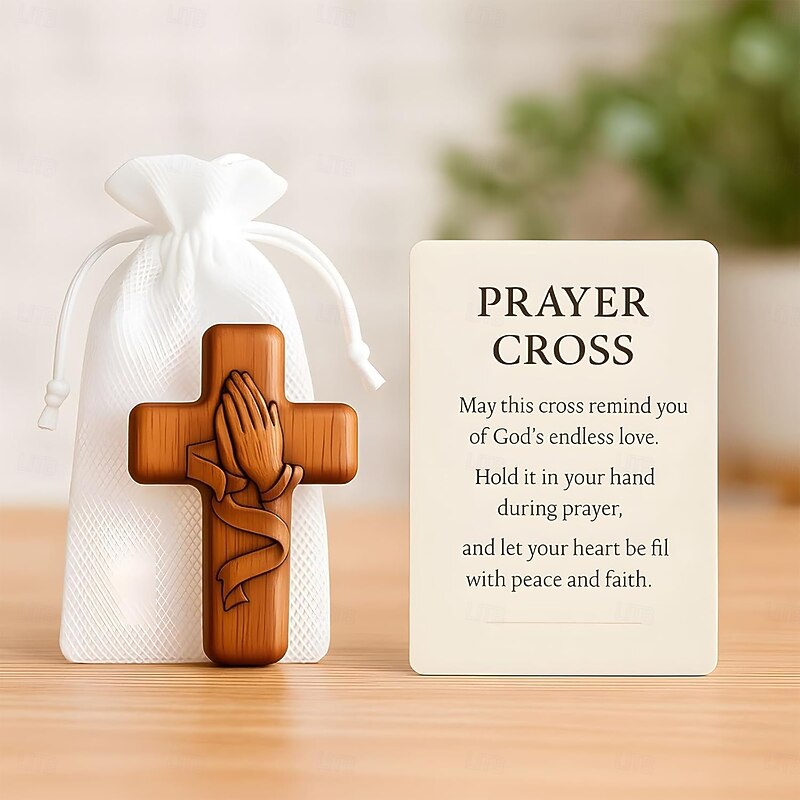 Wooden Prayer Hands Cross with Inspirational Message Cards A Silent Embrace of Faith Wooden Crosses Desktop Ornaments Suitable for Prayer Meetings, Baptismal Ceremonies, and Confirmation Celebrations2