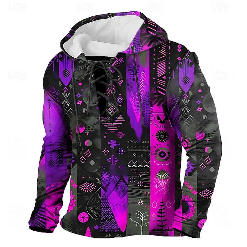 Men's Patchwork Tribal Hoodie Sweatshirt Fashion Ethnic Hooded Outdoor Home Yellow Red Drawstring Fall Winter Designer2