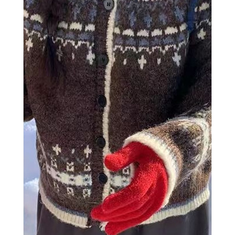 Women's Sweater Cardigan Fair Isle Sweater Vintage Fashion Casual Geometric Ribbed Hooded Buttons Knitted Print Long Sleeve Regular Tops Knit Christmas Outdoor Daily Coffee Fall Winter3