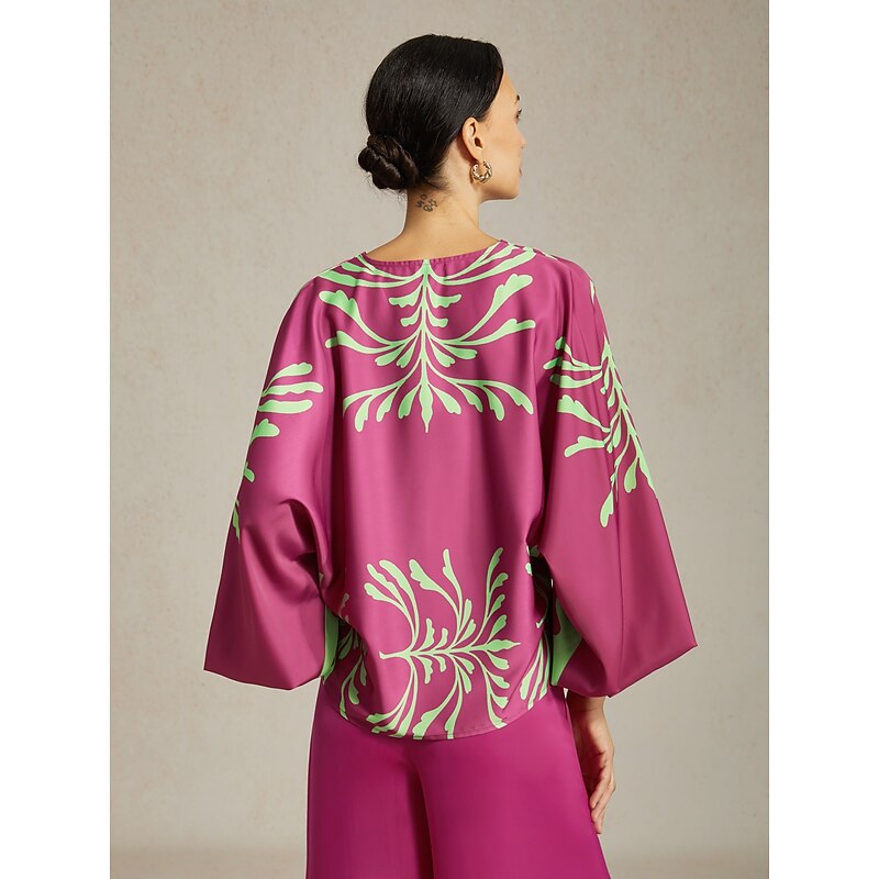 Woman's Top Vivid Fuchsia Vacation Inspired Print Satin Lantern Long Sleeve V Neck Seaside Vacation Casual Leisure Spring Autumn2