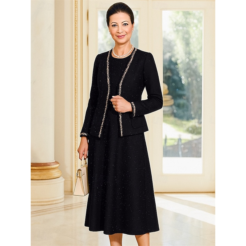 Two Piece Dress Sets Mother of the Bride Dress Formal Elegant Tailored Crew Neck Tea Length Woolen Long Sleeve Short Jacket Skirts with Sash / Ribbon3