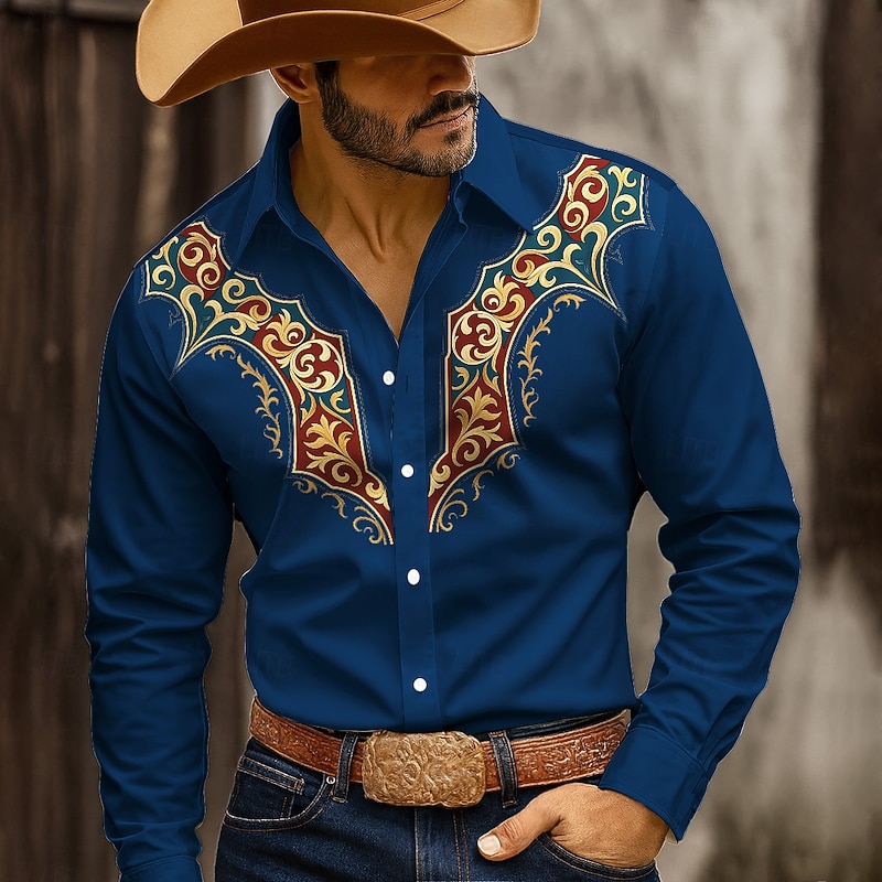 Men's Floral Print Shirt Button Up Shirt Cowboy Shirt Long Sleeve Western Style Outdoor Casual WorkWear Spring Fall Turndown 3D Print Collared Shirts Blue Green Beige2