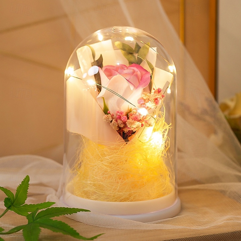 1 Pc 15 * 10CM Christmas Halloween Valentine's Day Mother's Day Luminous Eternal Flower Transparent Cover Simulated Rose LED Nightlight Desktop Decorative Light Pendant Light AAA Battery Gift4