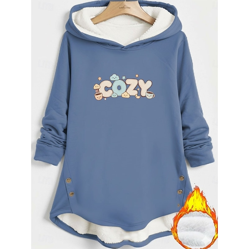 Women's Pullover Hoodie Sweatshirt Letter Warm Casual Long Sleeve Hooded Long Tops Street Dailywear Holiday Buttons Print Black Dark Pink Blue Fall Winter