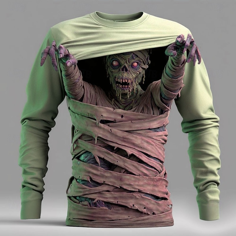 Halloween Men's Optical Illusion Zombies 3D T Shirt Long Sleeve T shirt 3D Print Crew Neck Shirt Fashion Exaggerated Street Casual Daily Blue Purple Green Summer Spring Fall Clothing Apparel S M L XL2