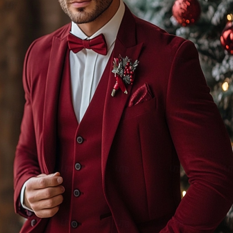 Men's Party Casual Party Suits Peaked Lapel Burgundy Christmas Daily Solid Colored Tailored Fit 3 Piece Single Breasted Two-buttons2