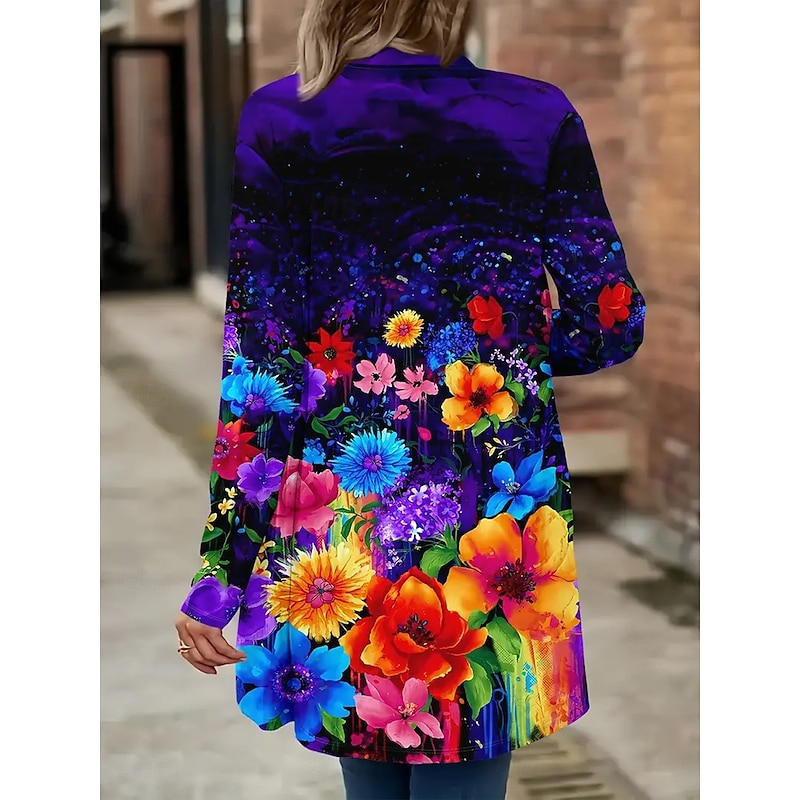 Women's Winter Coat Trench Coat Lightweight Comfortable Print Open Front Vintage Fashion Casual Floral Vacation Casual Long Collarless Regular Fit Long Sleeve Outerwear White Blue Spring Fall