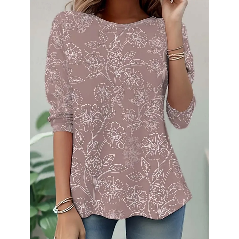 Women's T Shirt Floral Graphic Plants Vintage Stylish Classic Long Sleeve Crew Neck Round Neck Regular Tops Daily Print Dusty Rose Spring Fall Winter
