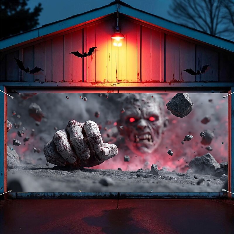 Halloween Garage Door Cover Large Hanging Backdrop Zombies 3D Dark Punk Gothic Style Party Outdoor Shooting Backgrounds Yard Haunted House Home Decor4