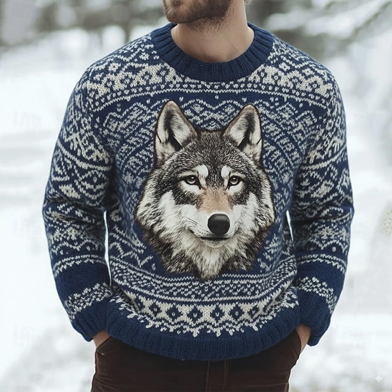 Men's Wolf Fair isle Sweater Pullover Sweater Jumper Knitwear Crewneck Casual Vacation Daily 3D Print Keep Warm Long Sleeve Spring Fall Winter Blue Purple Brown2