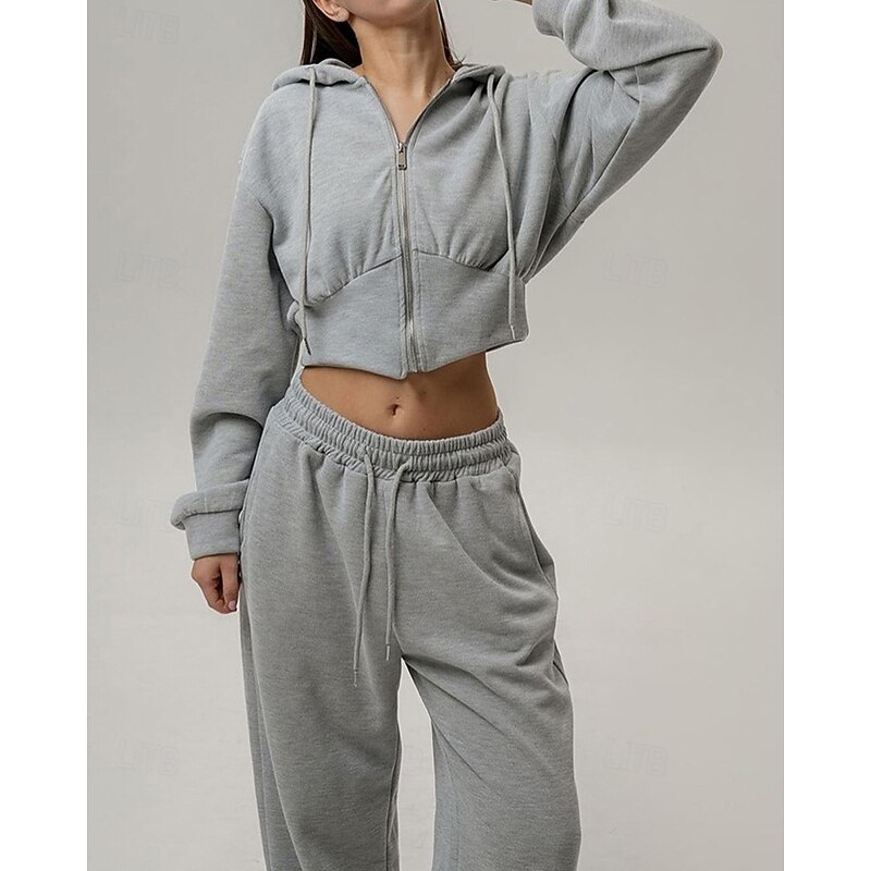 Women's Active Fashion Blouse Hoodie Pants Sets Long Sleeve Hooded Solid Color Zipper Vacation Holiday Pink Khaki Light Grey Fall Regular Fit