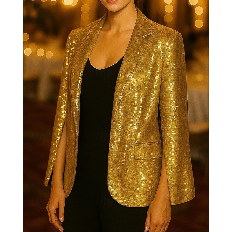 Women's Women Gold Sequin Blazer Sport Coat Formal Wedding Guest Formal Evening Elegant Tuxedo Long Sleeve Notch lapel with Pockets