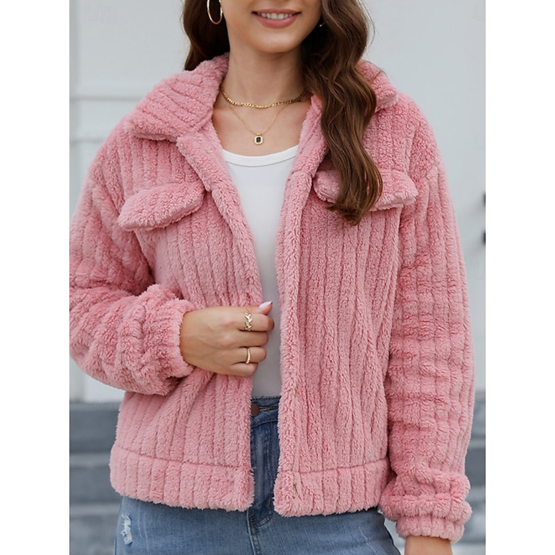 Women's Winter Coat Sherpa Jacket Comfortable Breathable Pocket Buttons Casual Plain Vacation Street Casual Daily Wear Single Breasted Short Turndown Regular Fit Long Sleeve Outerwear Pink Red Green4