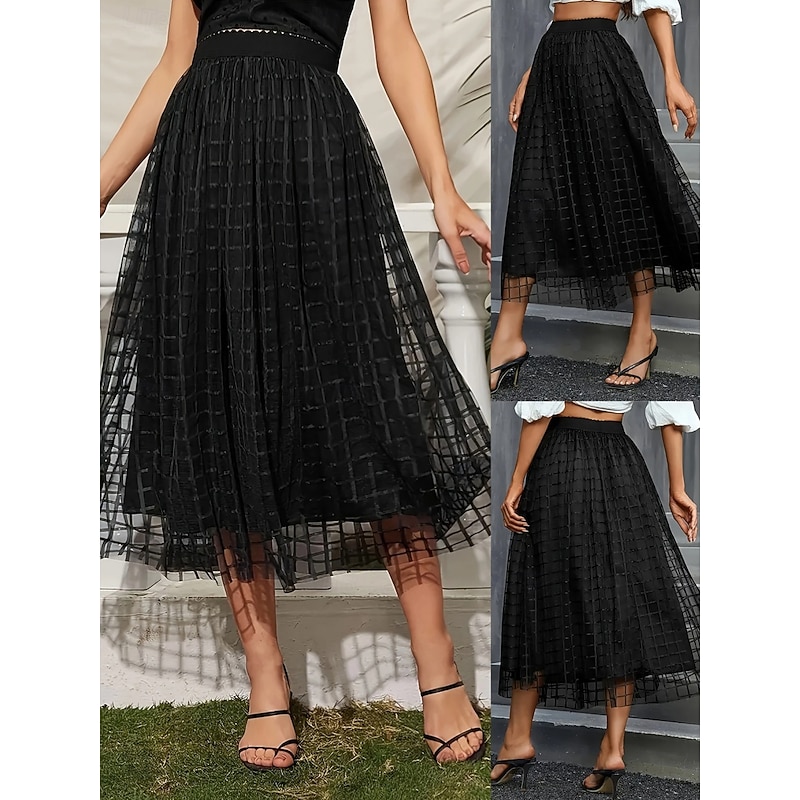 Women's Skirt A Line Fashion Casual Midi High Waist Skirts Plain Pocket Layered Tulle Micro-elastic Street Daily Black Spring Polyester