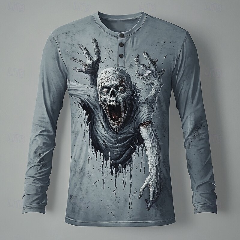Men's Halloween Graphic Zombies Henley Shirt Long Sleeve Fashion Cute Daily Casual Holiday Going out Fall Spring &  Fall Gray Henley Henley T-Shirt