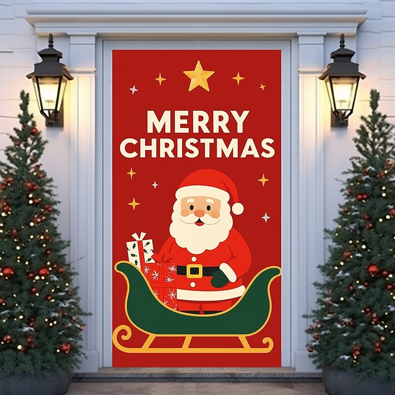 Christmas Door Cover, Red Bells and Ribbon Festive Backdrop Door Curtain for 2025 Xmas Party Indoor Outdoor Holiday Decorations4