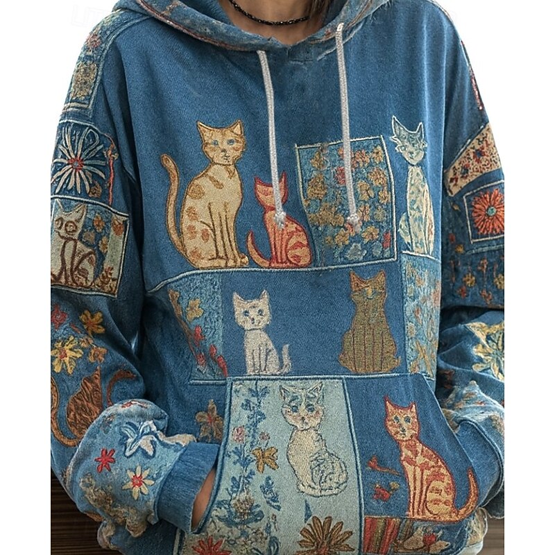 Women's Pullover Hoodie Sweatshirt Graphic Geometric Cat Punk Active Vintage Long Sleeve Hooded Regular Tops Street Dailywear Print Front Pocket Blue Spring Fall Winter2