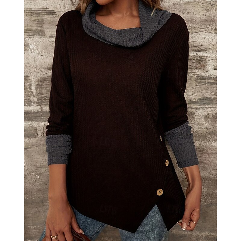 Women's Sweater Pullover Streetwear Casual Color Block Mock Neck Patchwork Knitted Split Long Sleeve Regular Tops Knit Daily Holiday Going out Black Wine Spring Fall2
