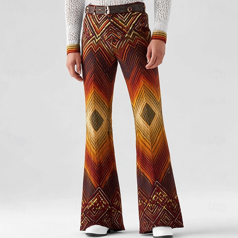 Men's Geometric Pattern Ethnic Disco Pants 60s 70s Bell Bottoms Mid Waist Western Vintage Retro Outdoor Vacation Casual Side Pockets Flared Leg Pants Trousers Spring Fall 3D Print Orange Brown2