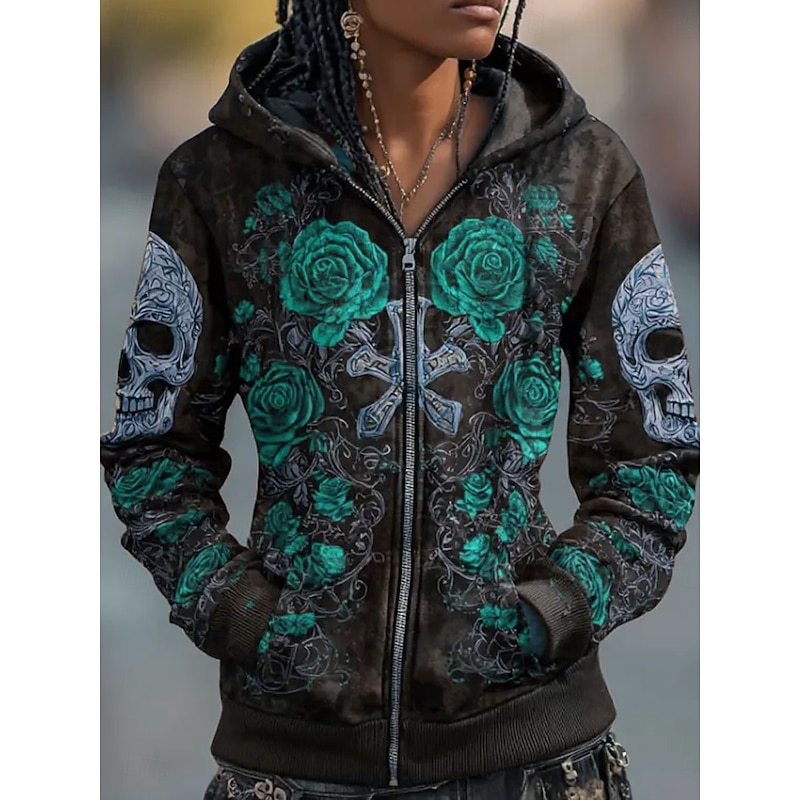 Halloween Women's Zip Up Hoodies Skulls Graphic Rose Fashion Casual Long Sleeve Hooded Regular Tops Street Dailywear Casual Zipper Pocket Print Red Purple Green Spring Fall2