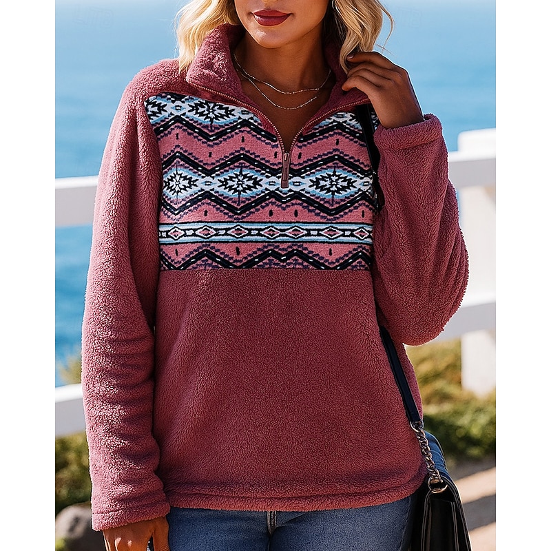 Women's Polar Fleece Sweatshirt Winter Pullover Sweatshirt Long Sleeve Top Athleisure Color Block Windproof Warm Outdoor Travel Sports Sportswear Activewear Red Khaki Gray4