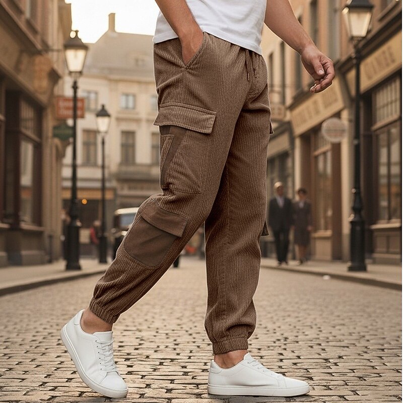 Men's Cargo Pants Joggers Trousers Corduroy Pants Winter Pants Drawstring Multi Pocket Color Block Plain Comfort Soft Full Length Outdoor Daily Going out Fashion Streetwear Black Wine Inelastic4