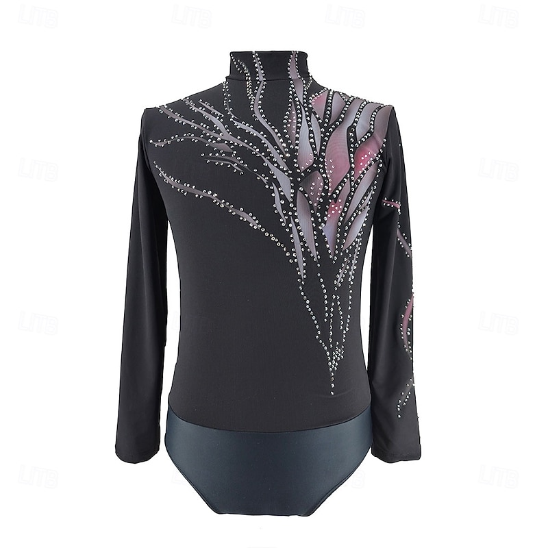 Figure Skating Top Men's Boys' Ice Skating Tops Black Patchwork Halo Dyeing Spandex High Elasticity Training Professional Competition Skating Wear Classic Crystal / Rhinestone Long Sleeve Ice Skating