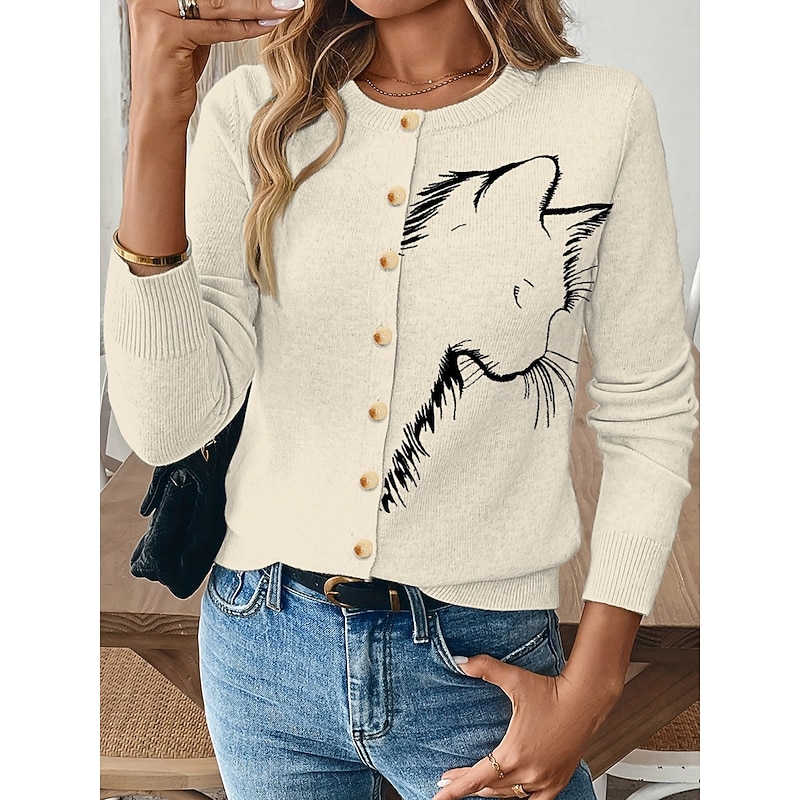 Women's Cardigan Elegant Vintage Daily Graphic Animal Ribbed Crew Neck Buttons Knitted Long Sleeve Regular Tops Knit Outdoor Work Daily Black Red Fall Winter2
