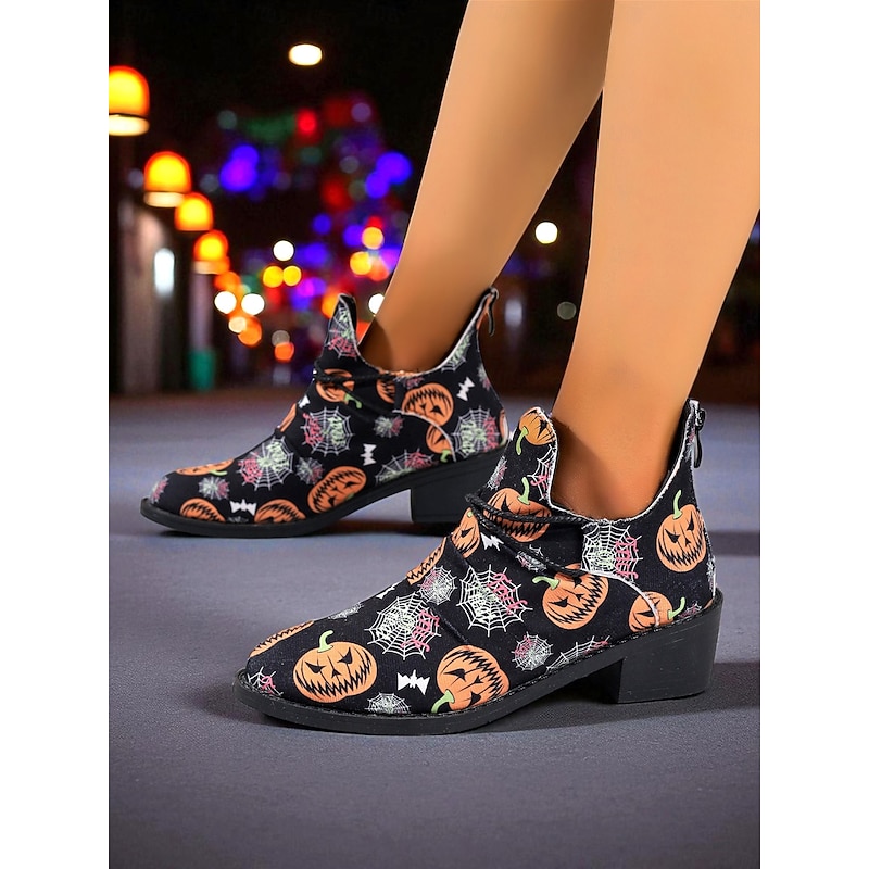 Women's Halloween Pumpkin and Spider Web Ankle Boots – Festive Low Heel Booties for Costume Party, Cosplay and Fall Fashion4